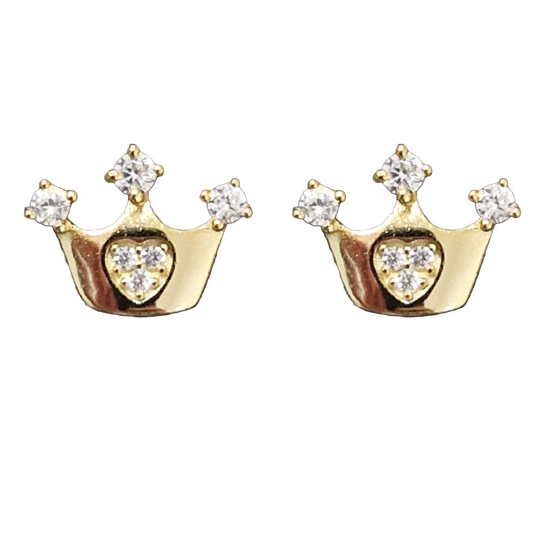 Gold Crown Stud Earring with Heart & Cubic Zirconia for a Regal Touch