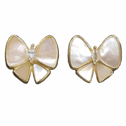 Silver Gold-Plated Pearl White Enamel Bow Stud Earrings – Elegant Butterfly Design with Crystal Accent