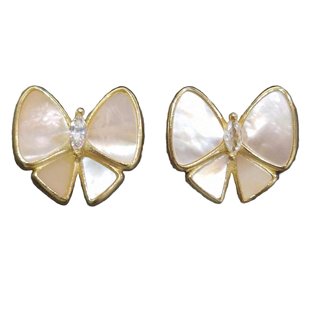 Silver Gold-Plated Pearl White Enamel Bow Stud Earrings – Elegant Butterfly Design with Crystal Accent