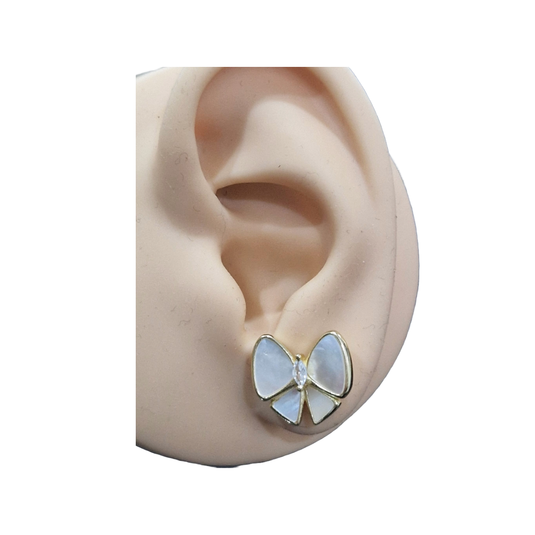 Silver Gold-Plated Pearl White Enamel Bow Stud Earrings – Elegant Butterfly Design with Crystal Accent - Image 3