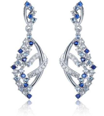 Rhodium Plated Silver Earrings With Blue & White Stones