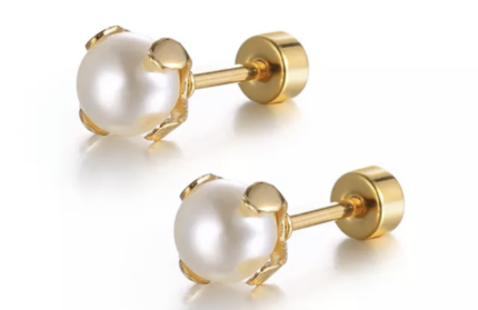 Freshwater Pearl Stud Earrings Screw Back Stainless Dipped in Gold