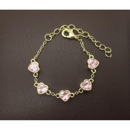 Pink Faceted Heart Bracelet, Gold Tone, 10 + 5 cm