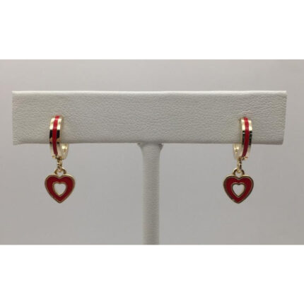 Red Open Heart Drop Hoop Earrings, Gold Tone
