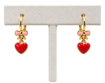 Hot Pink Bow & Heart Drop Hoop Earrings, Gold Tone
