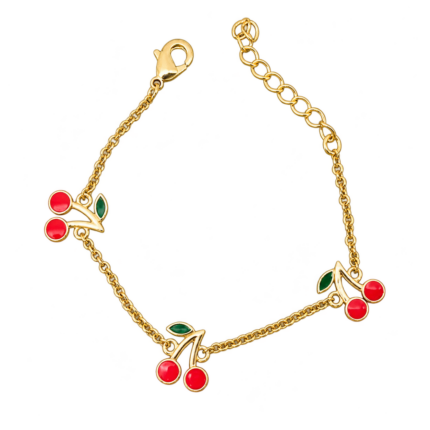 Red Cherry Charm Bracelet with Green Leaves, Gold Tone