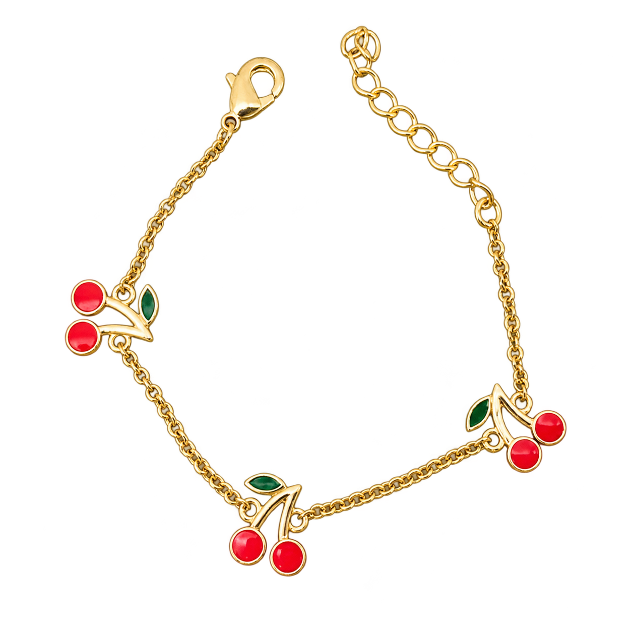 Red Cherry Charm Bracelet with Green Leaves, Gold Tone