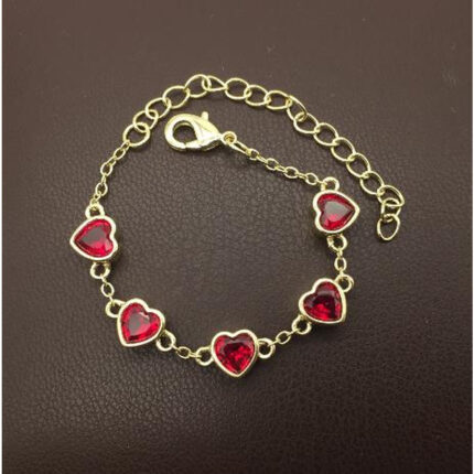 Red Faceted Heart Bracelet, Gold Tone, 14 + 5 cm