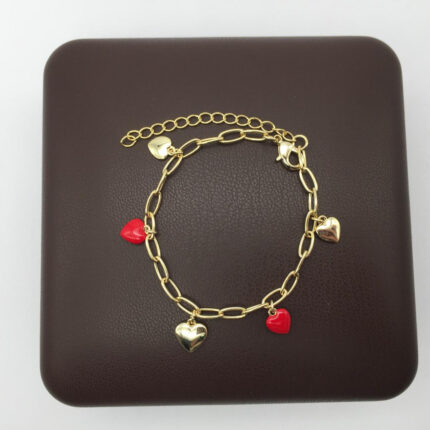 Red & Gold Tone Heart Charm Bracelet, 10 + 5 cm
