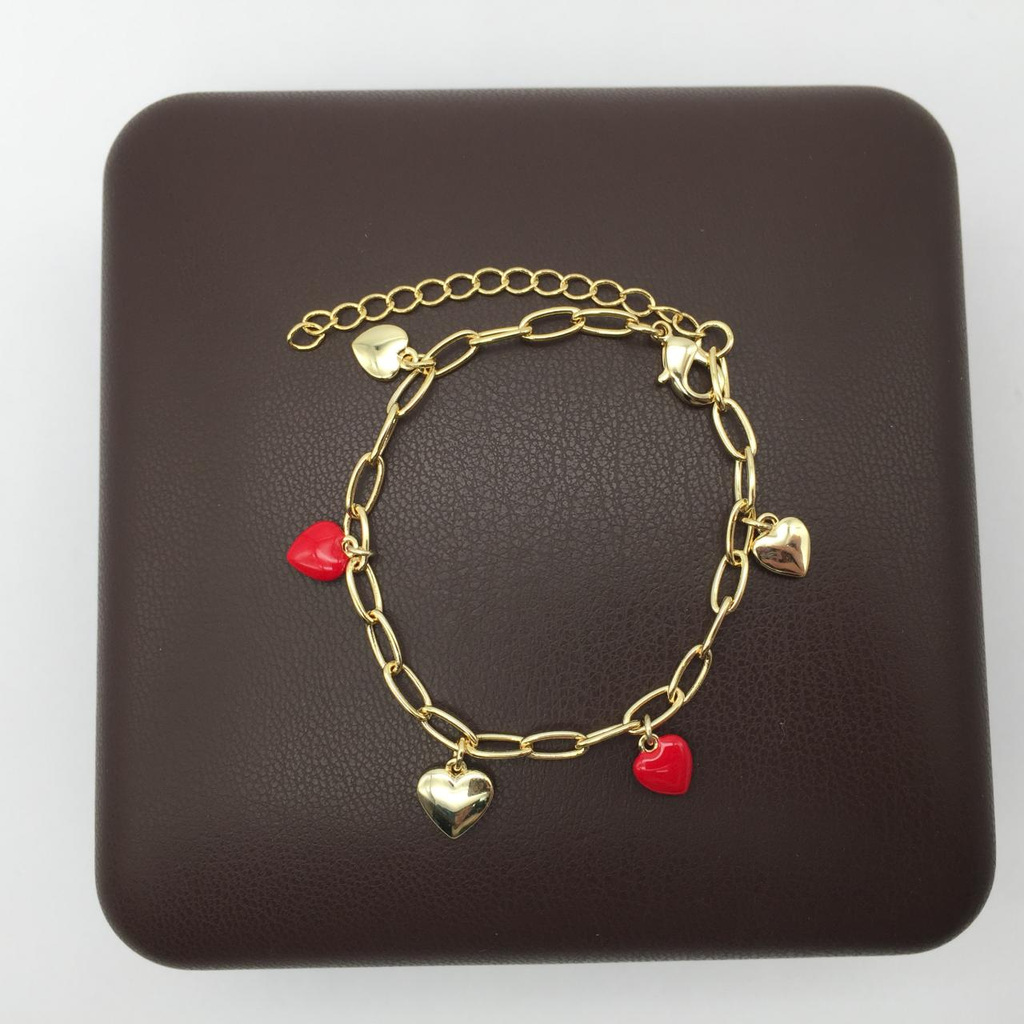 Red & Gold Tone Heart Charm Bracelet, 10 + 5 cm