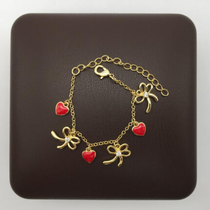 Red Heart & Bow Charm Bracelet, 14 + 5 cm